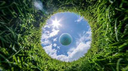View from a golf hole seeing a ball in flight against a blue sky.