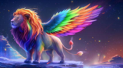 Fantastical lion with rainbow wings against a cosmic backdrop.