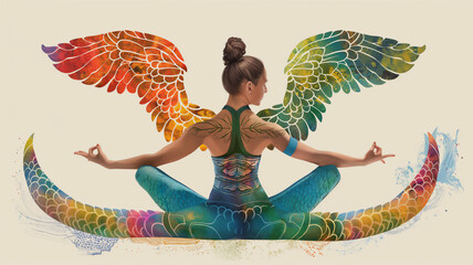 Woman in yoga pose with colorful wings on her back.