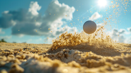 Golf ball blasting sand as it escapes a bunker.