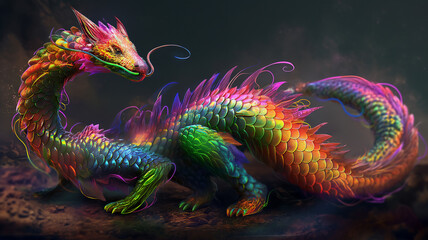 Vibrant dragon with a spectrum of colors and detailed scales.