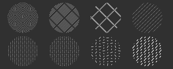 White seamless small dash pattern set. Abstract hipster geometric print. Simple black crosshatch repeat circle design. Linear tribal brush stroke wallpaper swatch. Diagonal endless stone doodle line. - obrazy, fototapety, plakaty