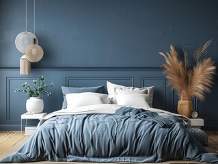 Home mockup, with frame cozy dark blue bedroom interior background