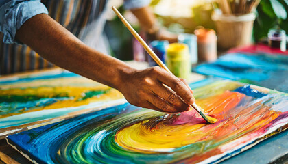 Artist's hands paint vibrant strokes on canvas, evoking creativity and passion - obrazy, fototapety, plakaty