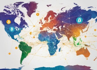 A world map in vibrant colors showcases the reach of cryptocurrency. Bitcoin symbols highlight areas of significant influence and adoption. AI generation
