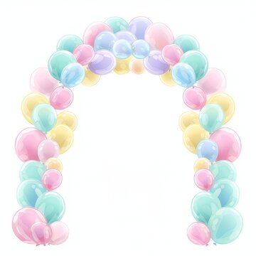 Party balloon arch in a birthday party theme with pastel colors on a white background.