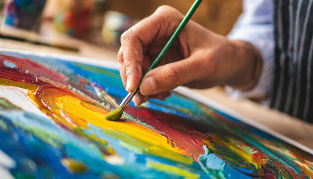 Artist's hands paint vibrant strokes on canvas, evoking creativity and passion