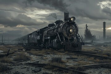A haunting illustration of a dark train crossing a desolate wasteland, with barren landscapes and crumbling ruins passing by outside the windows , hyper realistic - obrazy, fototapety, plakaty