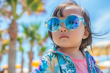 cute stylish Asian toddler girl wearing holographic sunglasses and casual colorful clothes palms and beach in the background