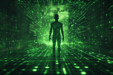Human silhouette in the technology data corridor. Futuristic tech concept. 3D abstract background