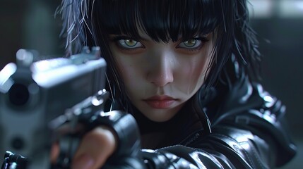 A determined anime girl with a serious expression and determined gaze, holding a weapon or tool in hand, ready to face whatever challenges come her way , hyper realistic - obrazy, fototapety, plakaty