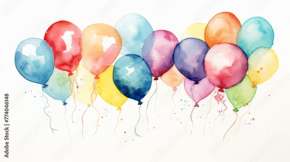 Wall mural watercolor illustration of colorful balloons on a white background.