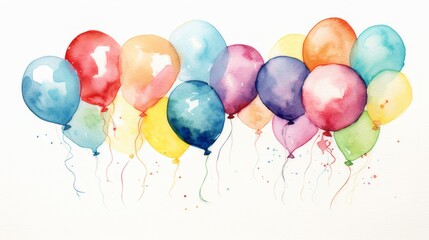 Watercolor illustration of colorful balloons on a white background.