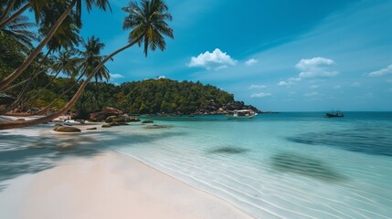 Fototapeta premium Discover the tranquility of a pristine beach with lush palm trees and clear blue waters