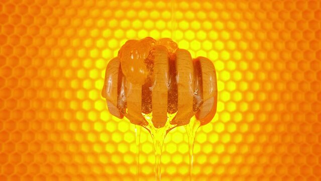 Honey flows down over a wooden dipper spoon. Honey spindle with bright honeycomb on a background