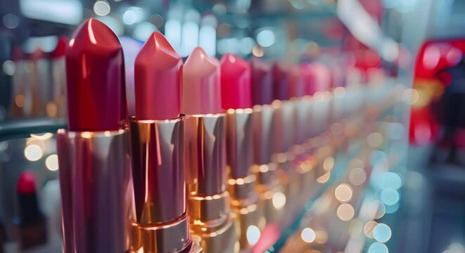 Row of various lipstick shades on display in a store.