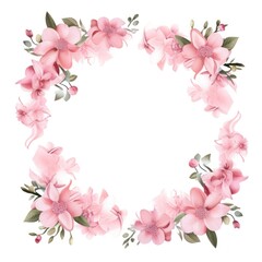 Pink thin barely noticeable flower frame with leaves isolated on white background pattern 