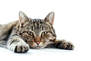 Domestic Cat Lying on a White Background
