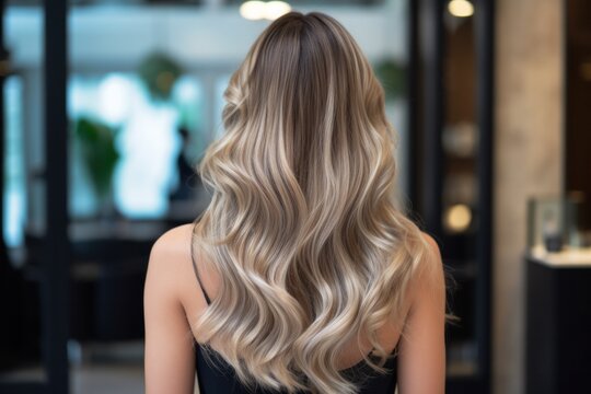 Woman With Balayage Coloring in a Beauty Salon, Back View