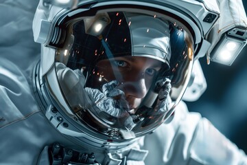 Close-up of an astronaut in a helmet reflecting light sparks.