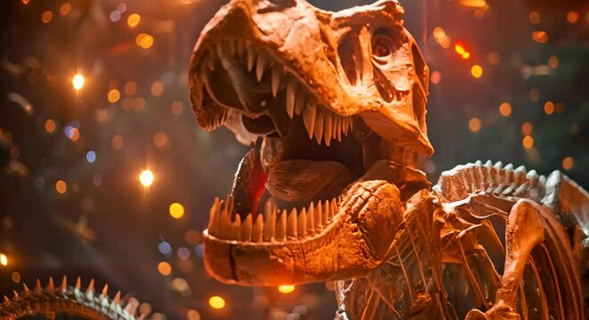 Eerie Atmosphere Created by Volumetric Lights on TRex Skeleton Display at Paleontology Museum