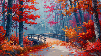 Forest with red leaves and a road with a bridge over it, oil painting.