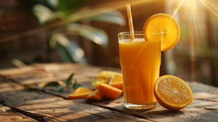 Fortified orange juice, glass and pitcher, bright morning, high angle, vibrant orange, healthy lifestyle - obrazy, fototapety, plakaty