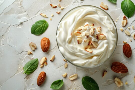 Yogurt with almonds, clean white background, soft light, top view, focus on creamy texture, bone health