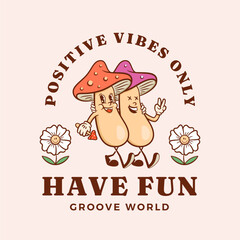 Groovy Mushrooms Retro Character Emblem Illustration. Cartoon Friends Walking Smiling Vector Logo Mascot Template. Happy Vintage Cool Psychedelic Rubberhose Style Drawing Isolated