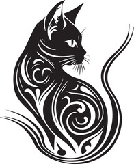 Artistic black and white illustration of a stylized cat with decorative swirls