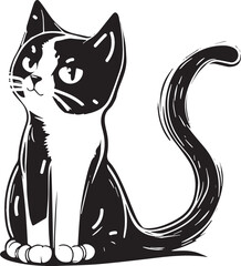 Stylized drawing of a sitting cat with striking black and white contrast