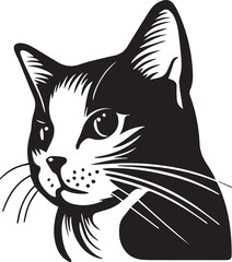 Vector illustration of a cat's face in a striking black and white design, suitable for various creative uses