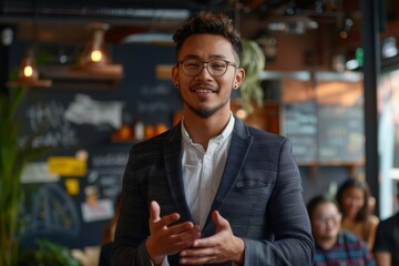 Confident Young Entrepreneur Speaking in a Modern Cafe
