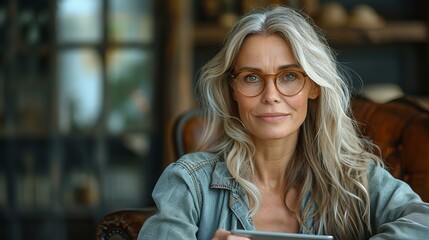 mature grey haired woman in glasses using tablet 