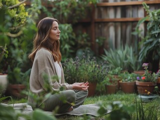 A woman practicing mindfulness while gardening in her backyard