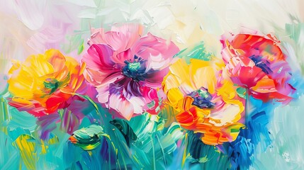 Colorful bouquet of flowers in a hand painted floral Impressionist style with yellow, pink, green, and blue backgrounds.
