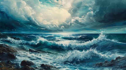 An ocean with a cold temperature, a seascape, rough terrain. Painting, pictorial art. - obrazy, fototapety, plakaty