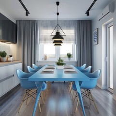 Interior design of dining room with a blue table and chairs in a modern and bright flat