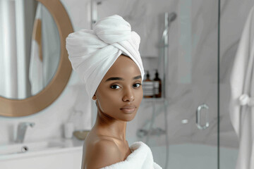 Elegant Woman with Towel on Head in Bathroom Setting