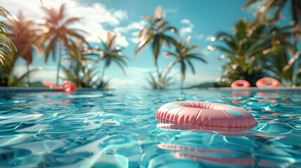 Tropical pool with floating pink swim ring. Summer vacation. Sunny day, relax.