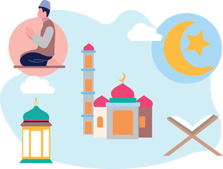 Fototapeta premium The boy is worshiping Ramadan.