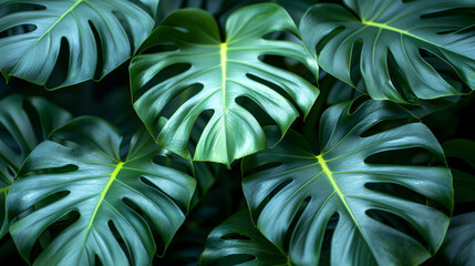 Green monstera leaves plant background - obrazy, fototapety, plakaty