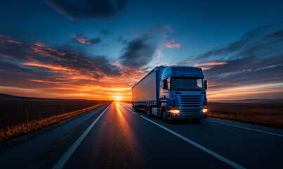 Blue Truck driving on the asphalt road in rural landscape at sunset - obrazy, fototapety, plakaty