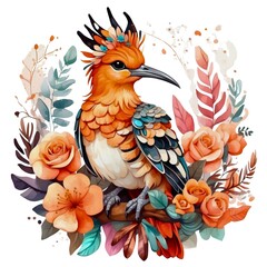 Watercolor illustration portrait of a cute adorable hoopoe bird animal with flowers on isolated white background.	
