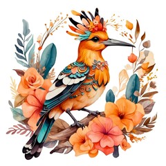 Watercolor illustration portrait of a cute adorable hoopoe bird animal with flowers on isolated white background.	
