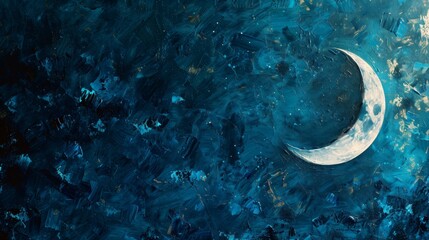 Painting of a moon on the night sky. Astrological background in blue.