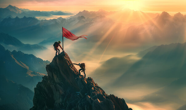 Extraordinary achievement concept with team of climbers reaching their goal of setting the flag on the mountain top