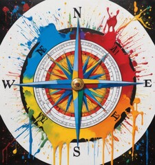 A classic compass design bursts through a splatter of blue and red paints against a black backdrop. This image captures the essence of adventurous spirit in a modern artistic expression. AI generation