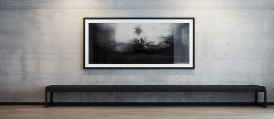 A simple room featuring a wooden bench against the wall and a framed picture hanging above it