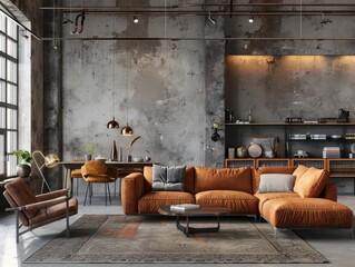 Living room interior in loft industrial style with grey loft